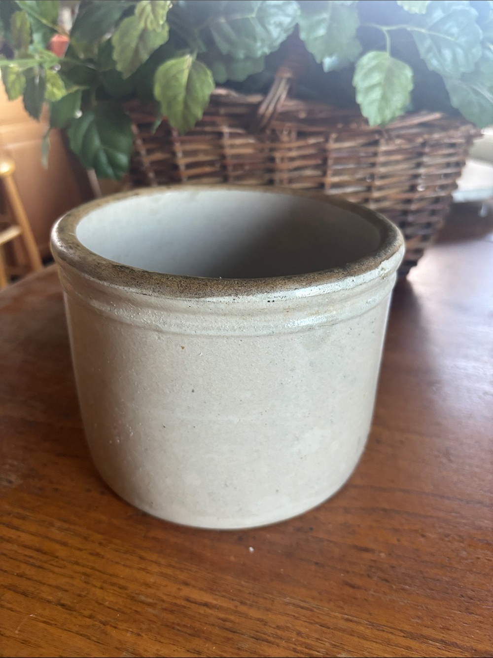 Antique early 20th century round gray/beige stoneware double ring butter crock